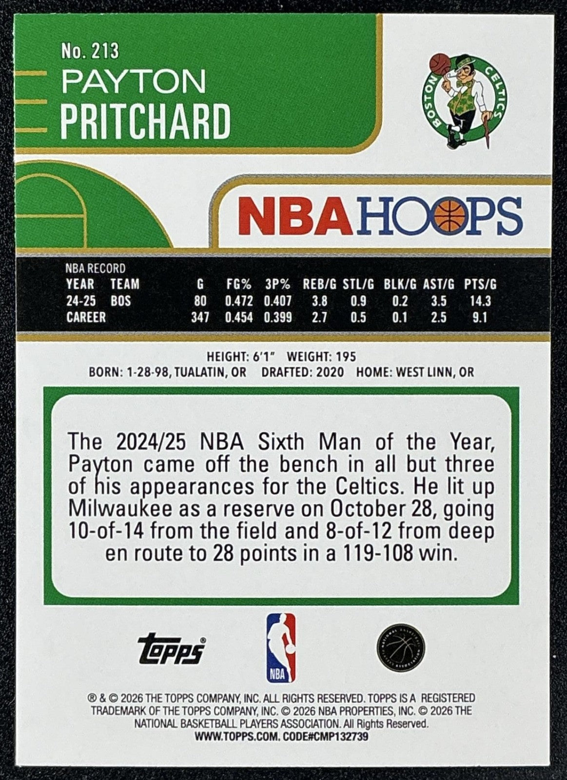 PAYTON PRITCHARD 2025-26 TOPPS HOOPS #213 PIXEL BURST CELTICS