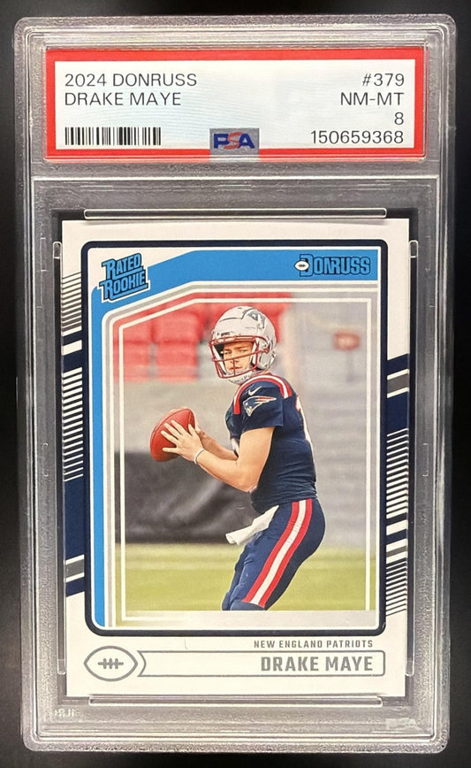 DRAKE MAYE 2024 PANINI DONRUSS #379 RC RATED ROOKIE PATRIOTS PSA 8