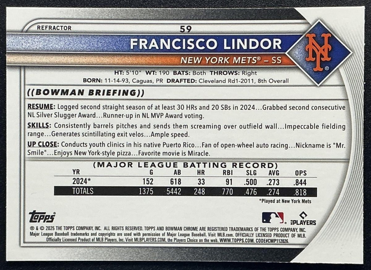 FRANCISCO LINDOR 2025 BOWMAN CHROME #59 REFRACTOR 461/499 METS