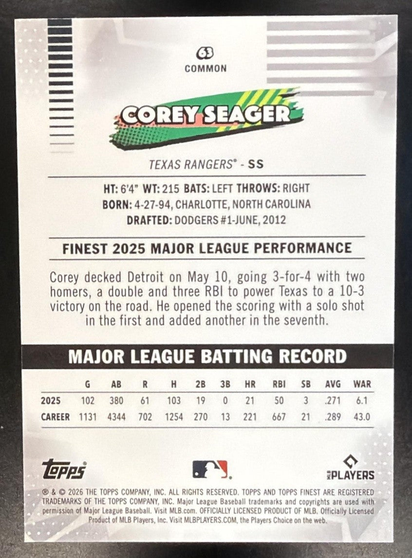 COREY SEAGER 2026 TOPPS FINEST #63 X-FRACTOR RANGERS