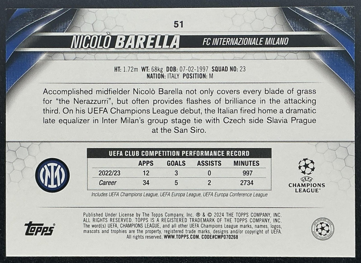 2023 Topps Chrome UEFA Club Competitions Japan Edition Nicolo Barella #51