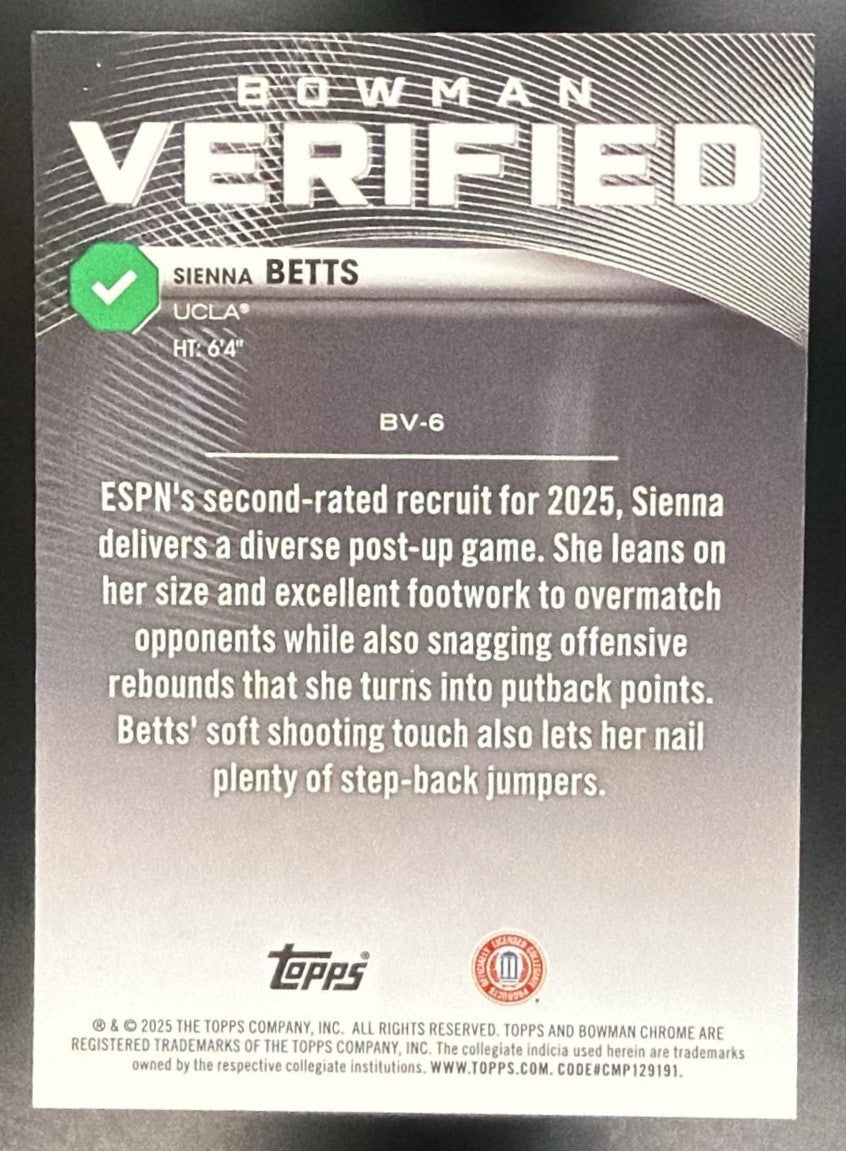SIENNA BETTS 2025-26 BOWMAN #BV-6 CHROME VERIFIED BRUINS