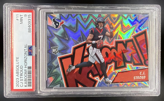 C.J. STROUD 2023 PANINI ABSOLUTE #11 KABOOM HORIZONTAL SSP RC TEXANS PSA 9