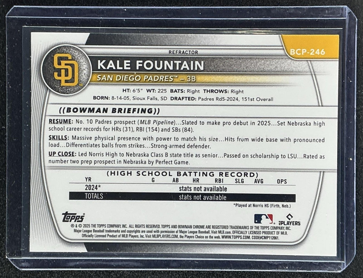 KALE FOUNTAIN 2025 BOWMAN CHROME #BCP-246 REFRACTOR 421/499 1ST PROSPECT PADRES