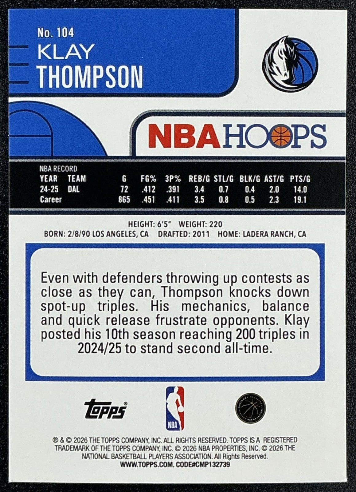 KLAY THOMPSON 2025-26 TOPPS HOOPS #104 LIGHT BURST MAVERICKS
