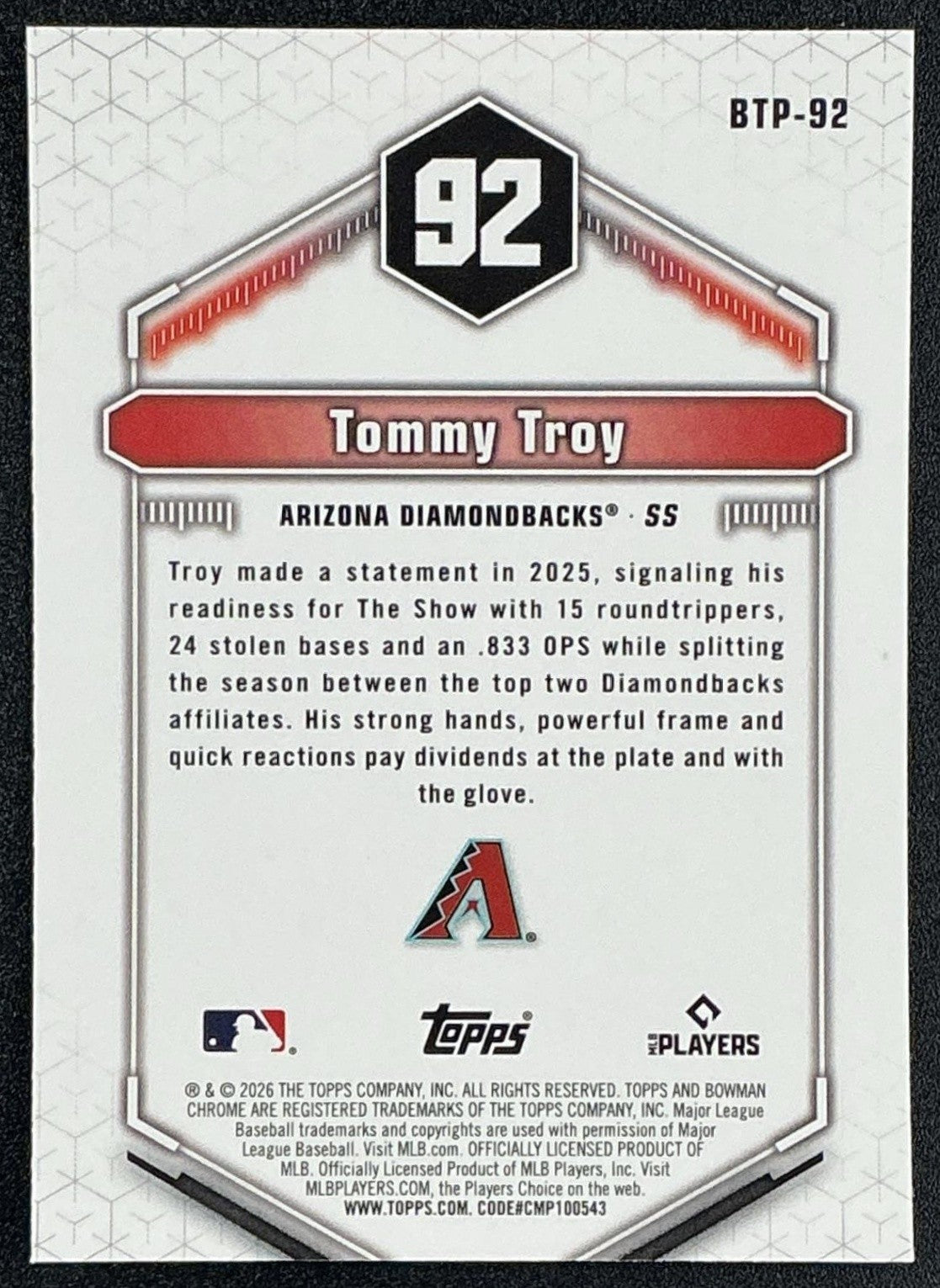 TOMMY TROY 2026 BOWMAN #BTP-92 SCOUTS TOP 100 CHROME DIAMONDBACKS