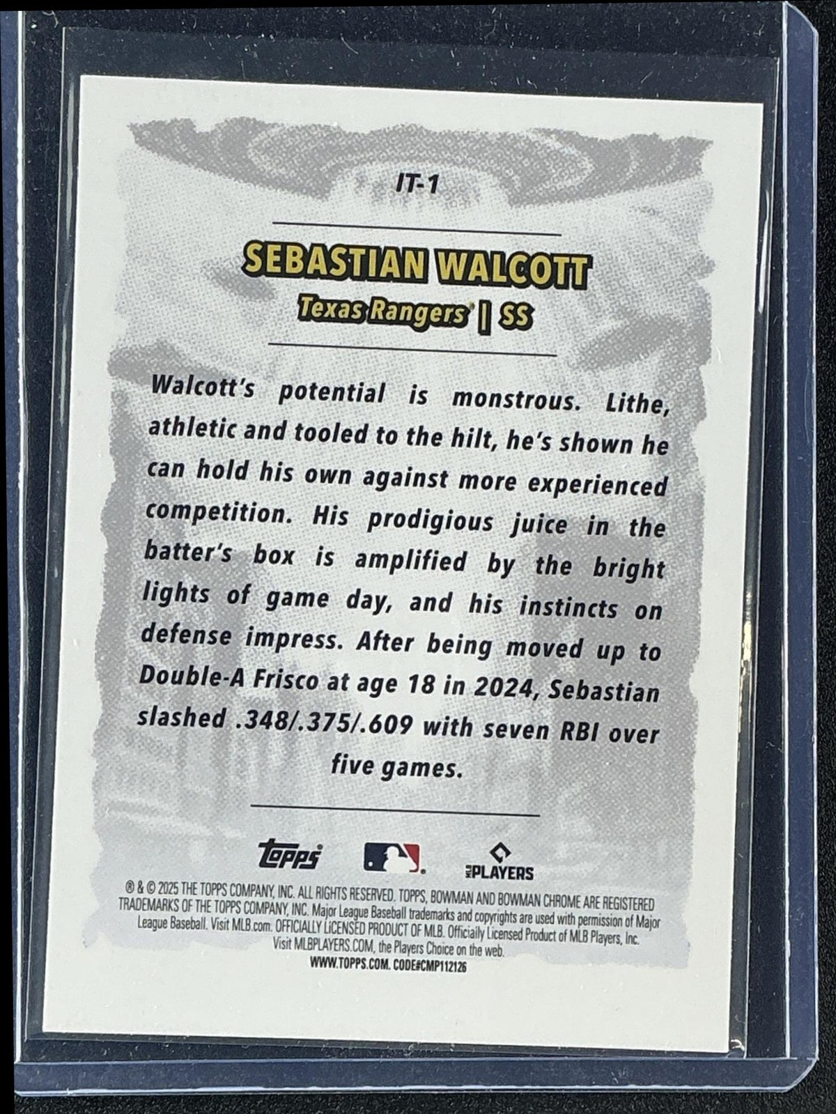 SEBASTIAN WALCOTT 2025 BOWMAN CHROME #IT-1 IT CAME TO THE LEAGUE RANGERS