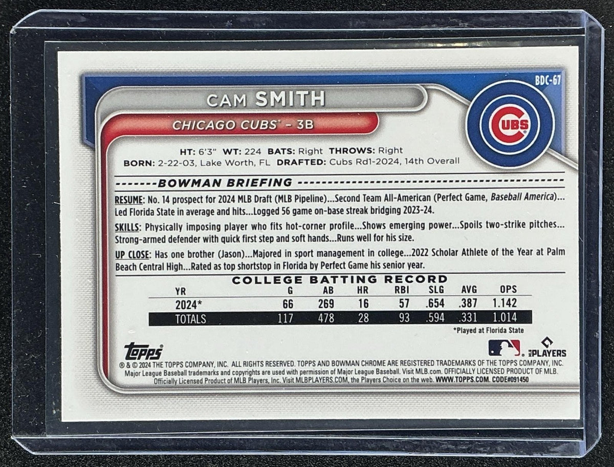 CAM SMITH 2024 BOWMAN DRAFT #BDC-67 CHROME 1ST PROSPECT CUBS