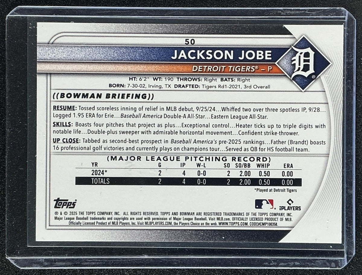 JACKSON JOBE 2025 BOWMAN #50 FUCHSIA BORDER 15/299 RC TIGERS