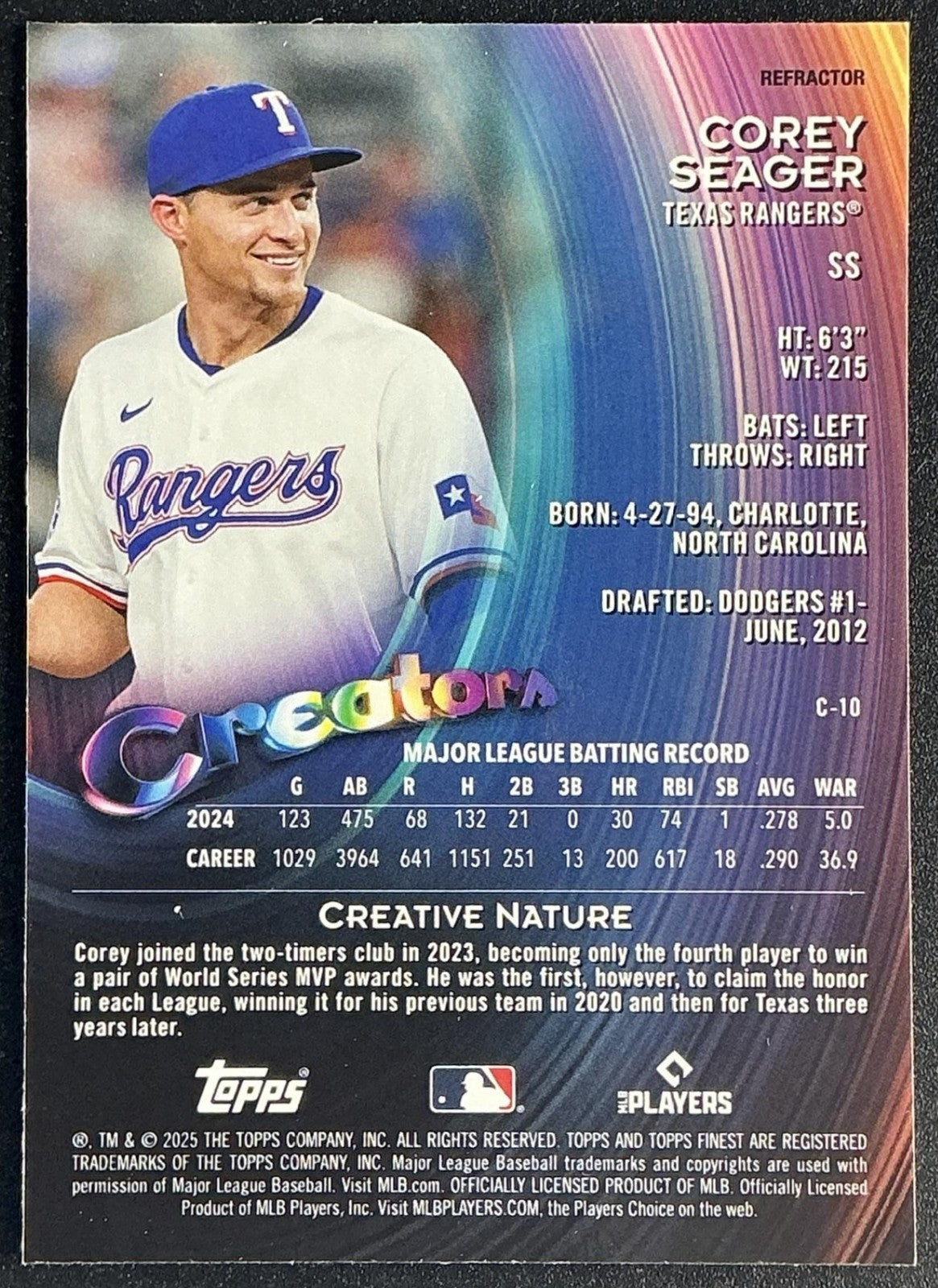COREY SEAGER 2025 TOPPS FINEST #C-10 CREATORS REFRACTOR RANGERS