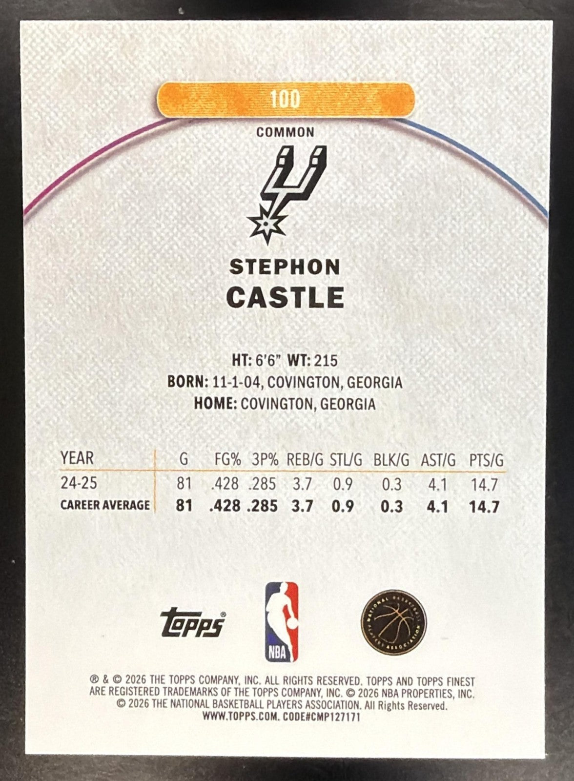 STEPHON CASTLE 2025-26 TOPPS FINEST #100 COMMON SPURS