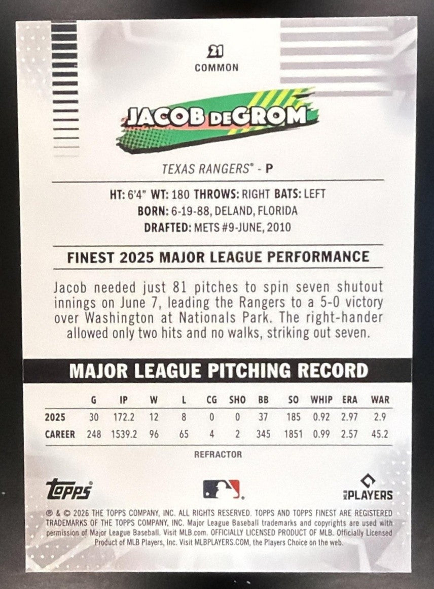 JACOB DEGROM 2026 TOPPS FINEST #21 REFRACTOR RANGERS