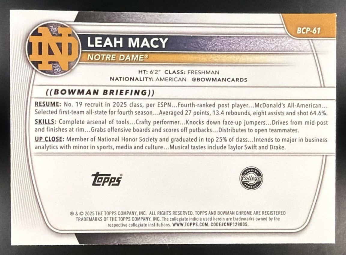 2025 Bowman Leah Macy #BCP-61 Chrome Mini Diamond Refractor 1st Prospect