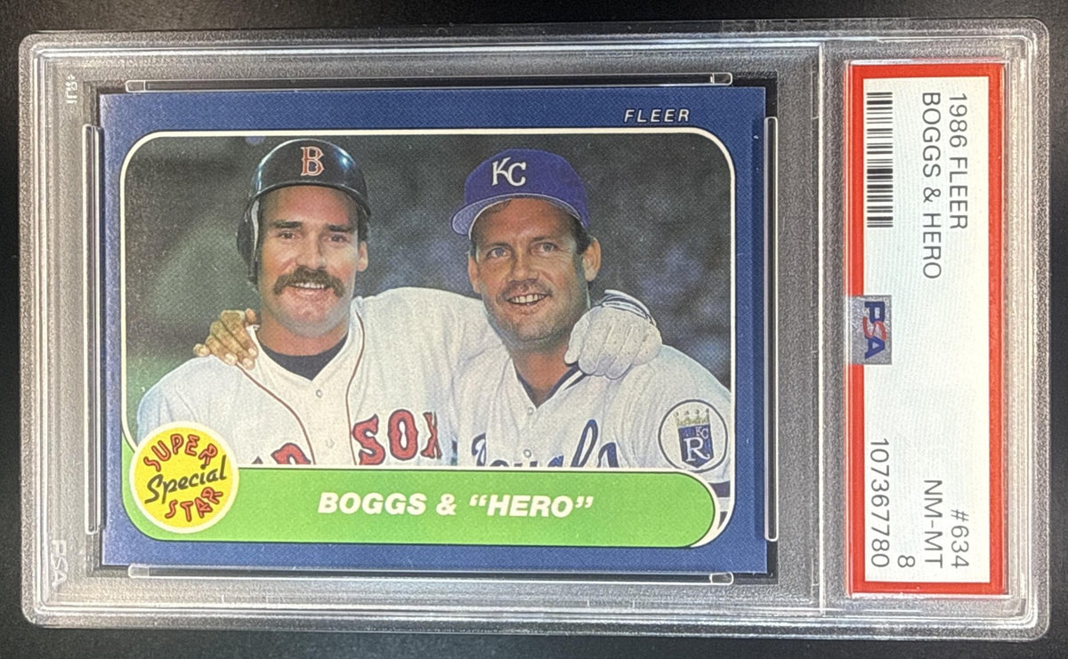BOGGS & "HERO" WADE GEORGE BRETT SSS, C 1986 FLEER #634 BRAVES PSA 8