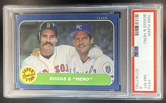 BOGGS & "HERO" WADE GEORGE BRETT SSS, C 1986 FLEER #634 BRAVES PSA 8