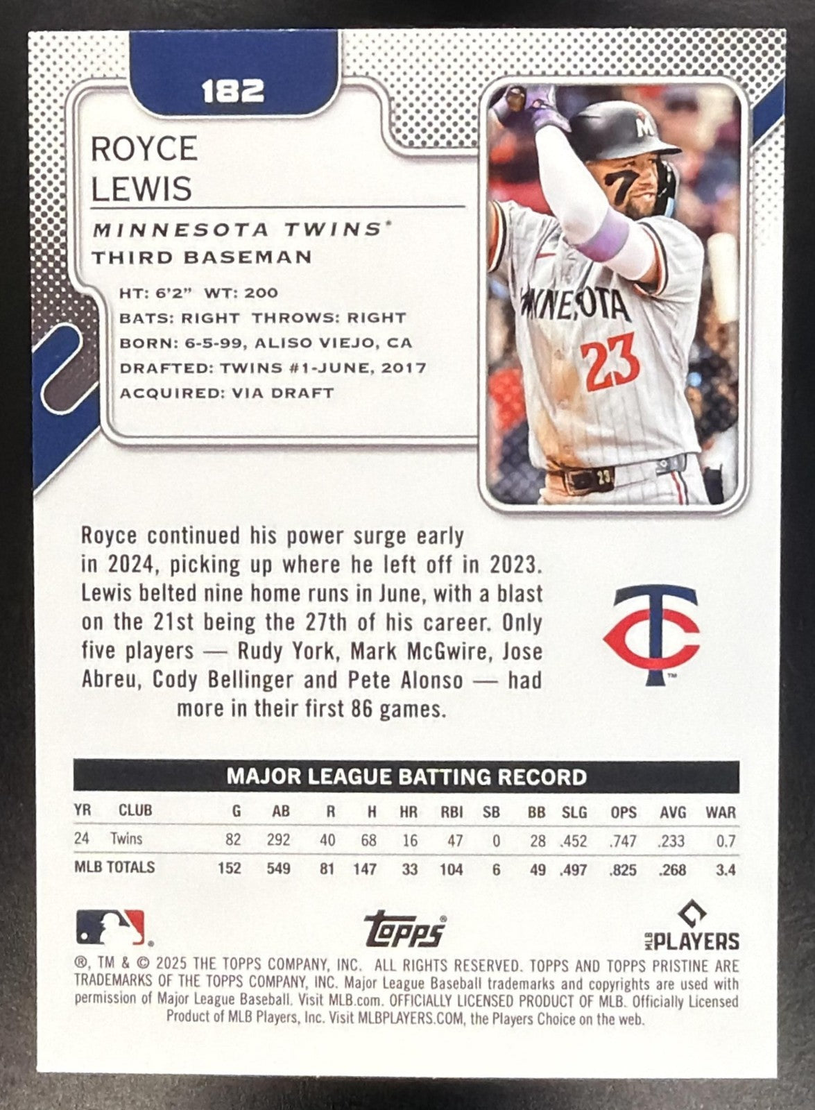 ROYCE LEWIS 2025 TOPPS PRISTINE #182 TWINS