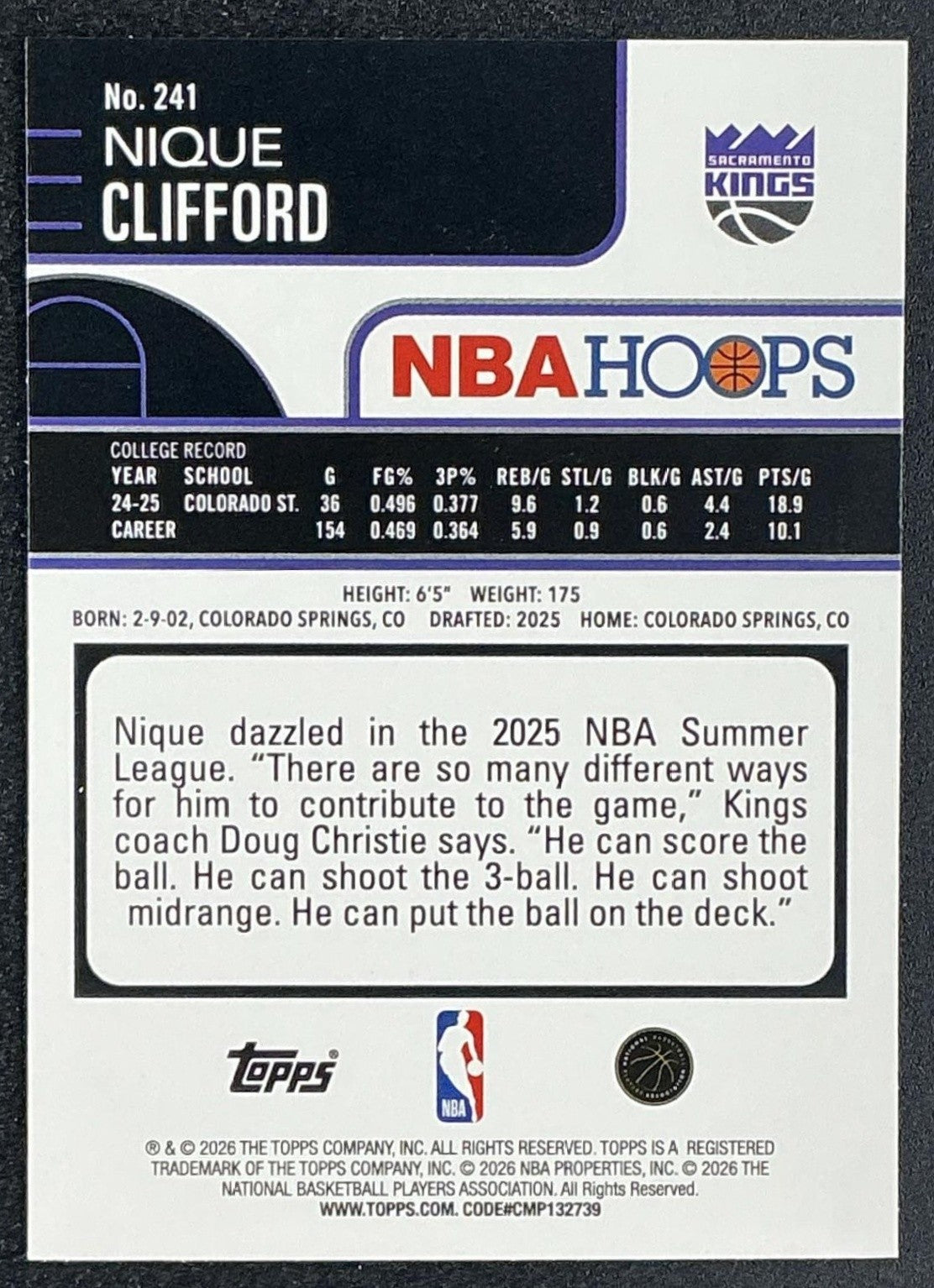NIQUE CLIFFORD 2025-26 TOPPS HOOPS #241 LIGHT BURST RC KINGS