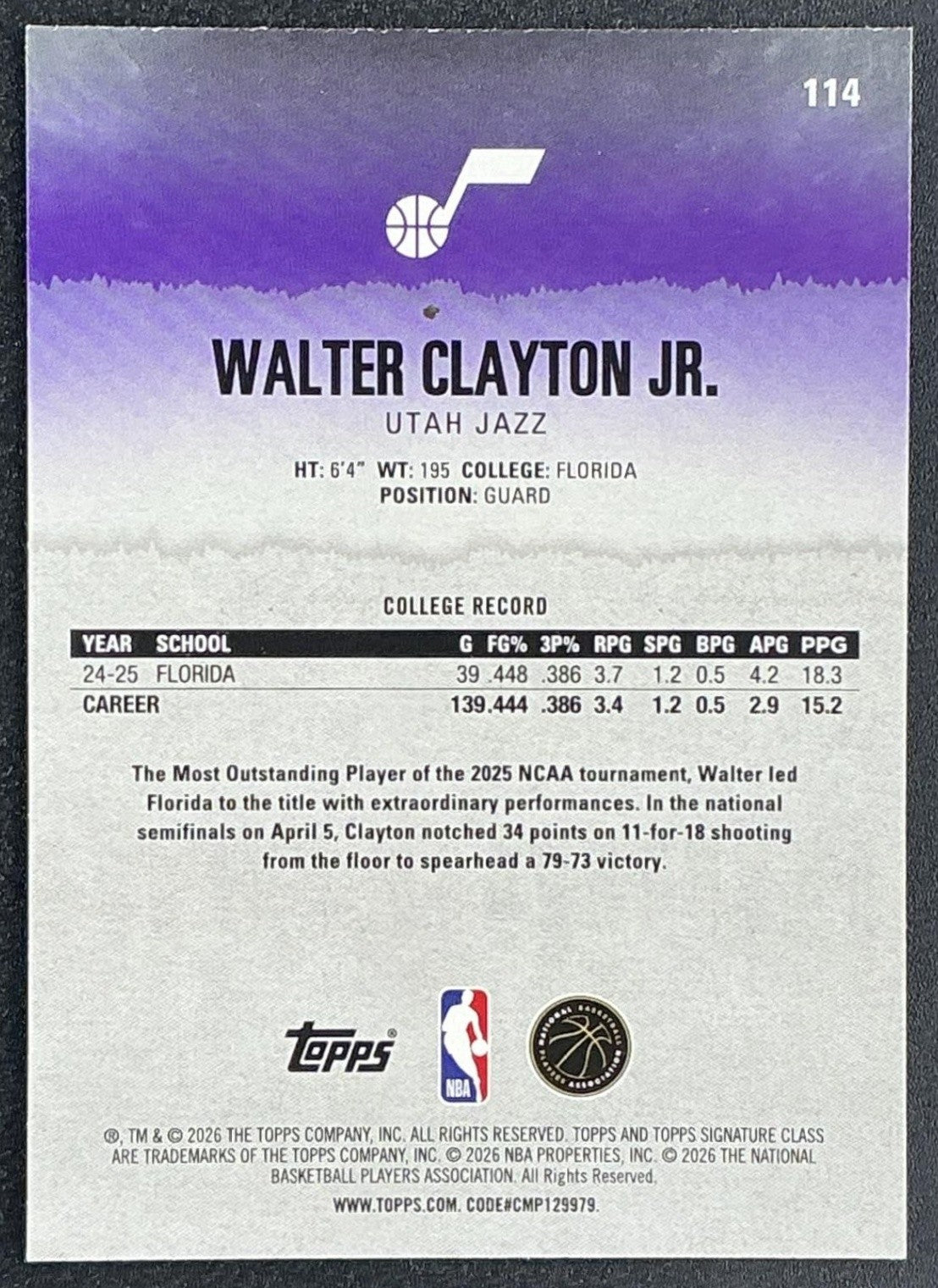 2025 Topps Signature Class Walter Clayton Jr. #114 Rookie Magenta Foil /250 RC
