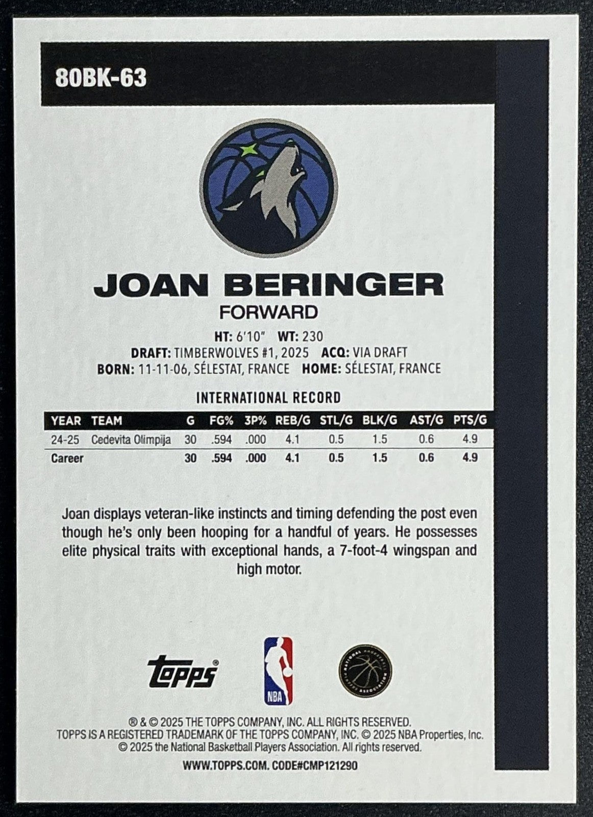 JOAN BERINGER 2025-26 TOPPS #80BK-63 1980-81 RC TIMBERWOLVES
