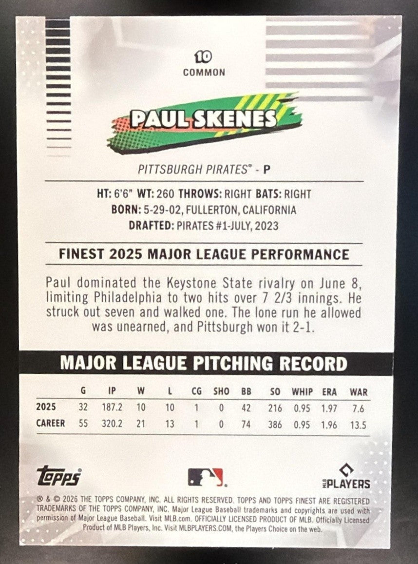 PAUL SKENES 2026 TOPPS FINEST #10 PIRATES