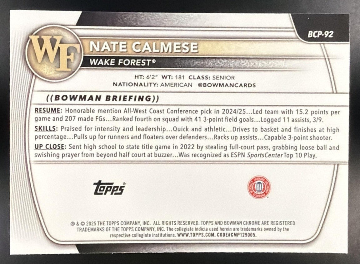 2025 Bowman Nate Calmese #BCP-92 Chrome Reptilian Refractor 1st Prospect