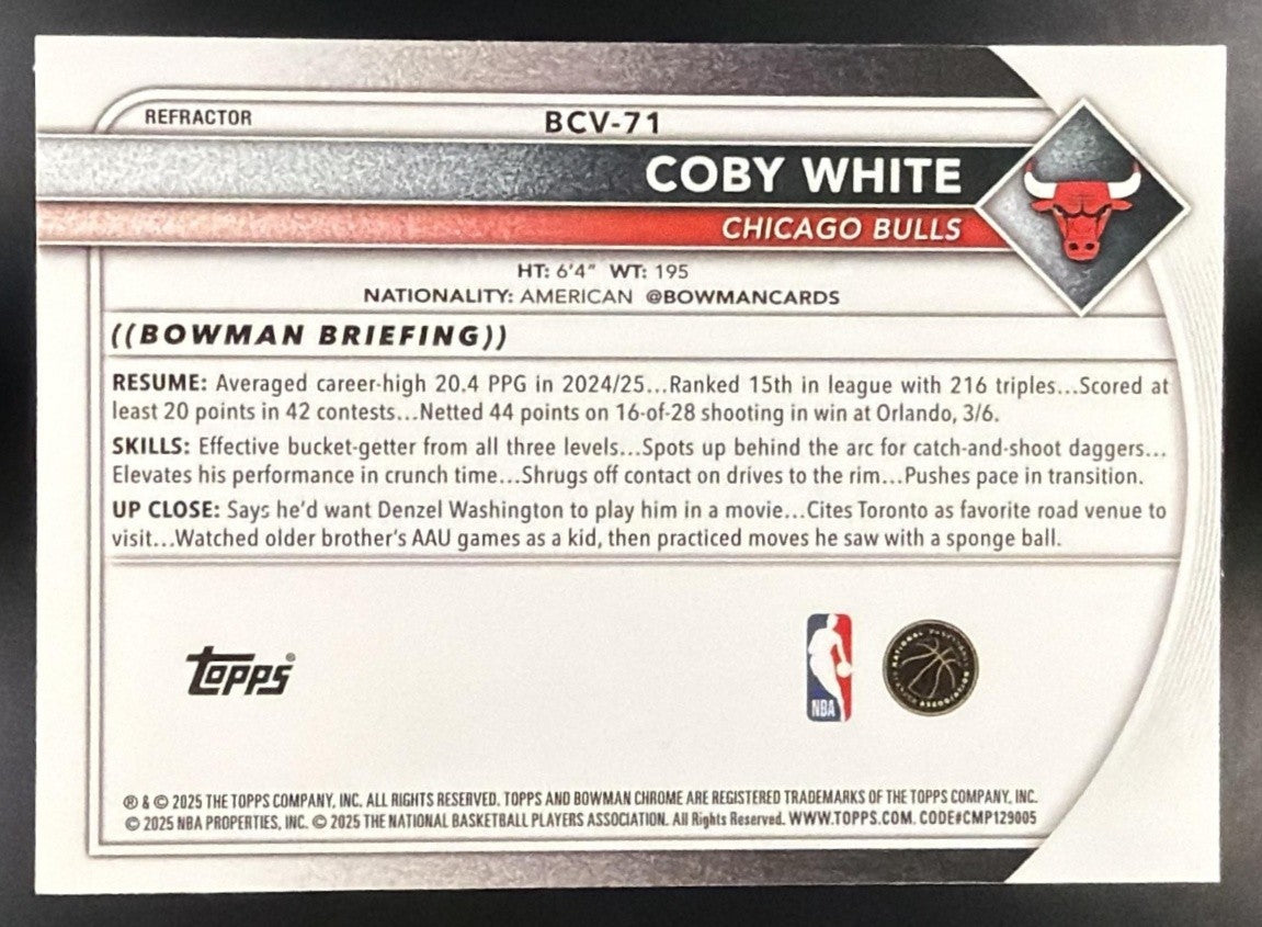 COBY WHITE 2025-26 BOWMAN #BCV-71 CHROME REFRACTOR 479/499 BULLS