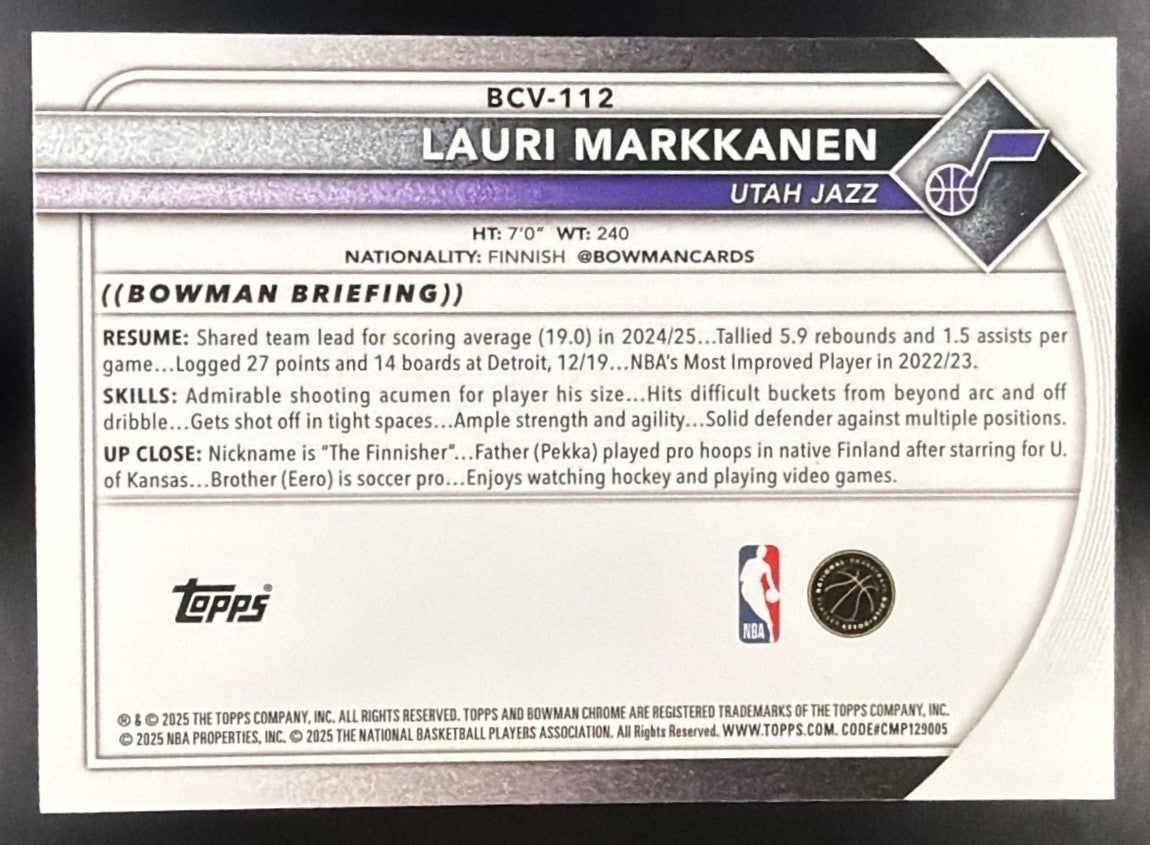 LAURI MARKKANEN 2025-26 BOWMAN #BCV-112 CHROME REPTILIAN REFRACTOR JAZZ