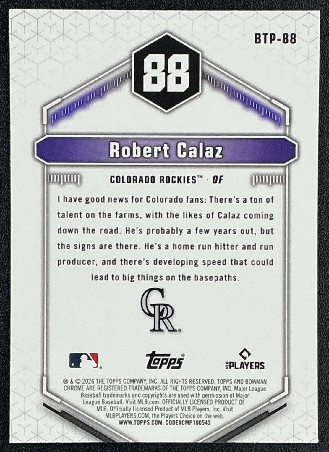 ROBERT CALAZ 2026 BOWMAN #BTP-88 SCOUTS TOP 100 CHROME ROCKIES