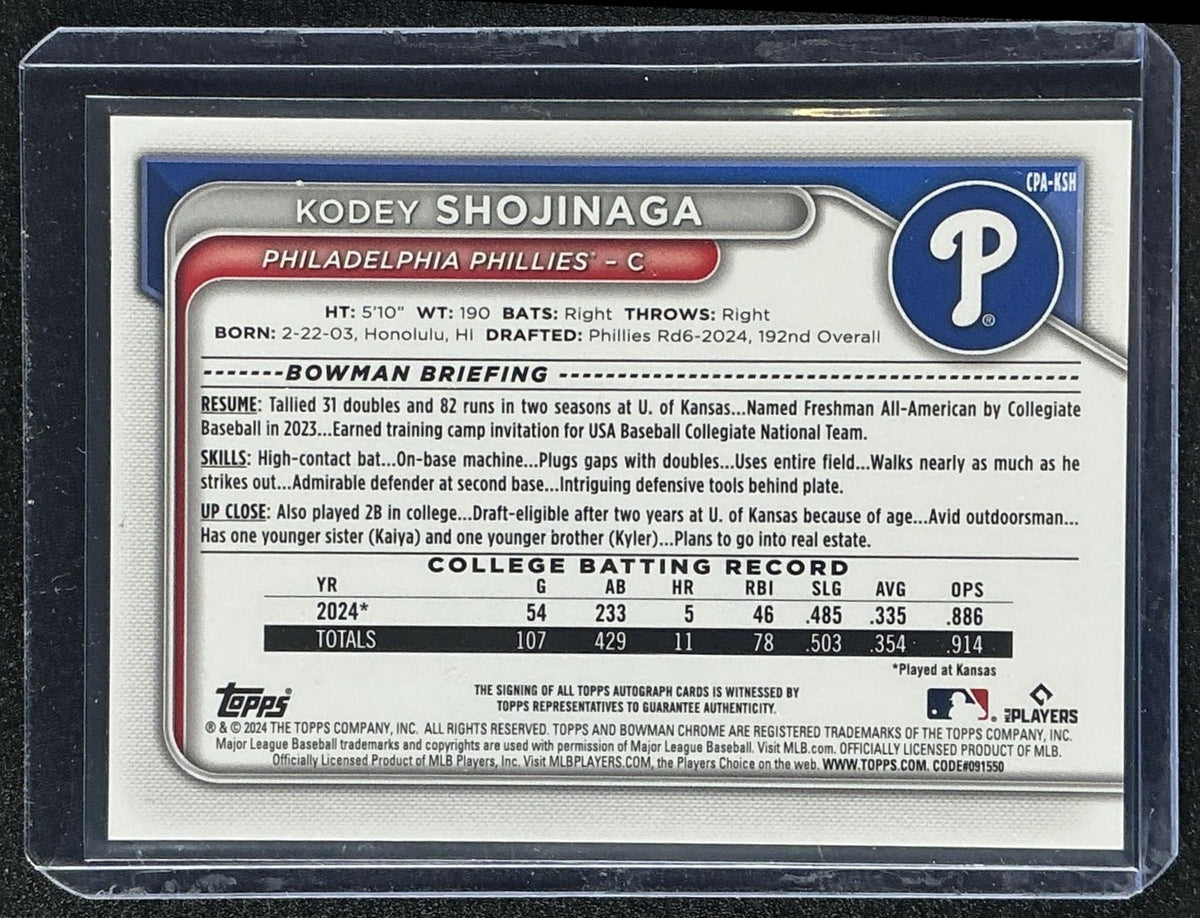 KODEY SHOJINAGA 2024 BOWMAN DRAFT #CPA-KSH CHROME AUTO 1ST PROSPECT PHILLIES