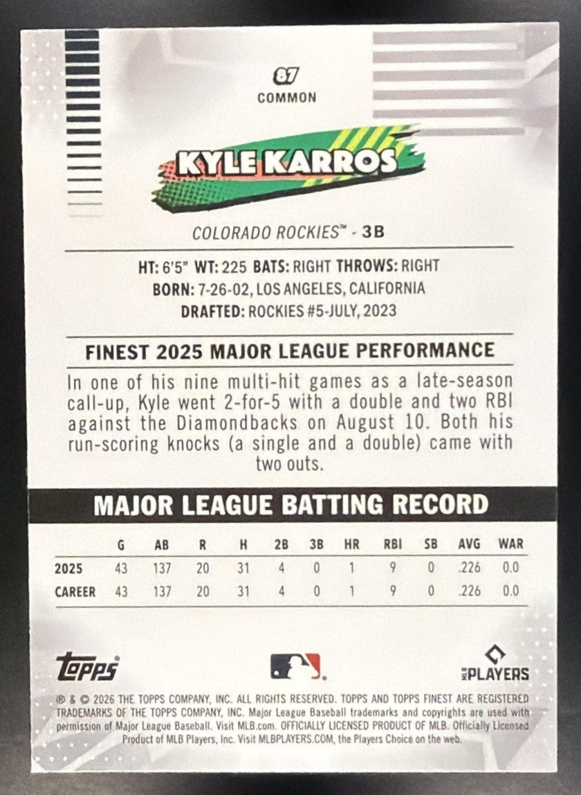 KYLE KARROS 2026 TOPPS FINEST #87 RC ROCKIES