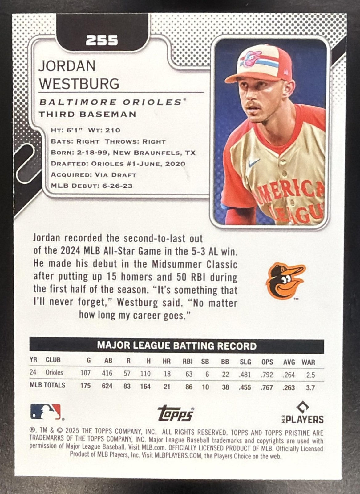 JORDAN WESTBURG 2025 TOPPS PRISTINE #255 ORIOLES
