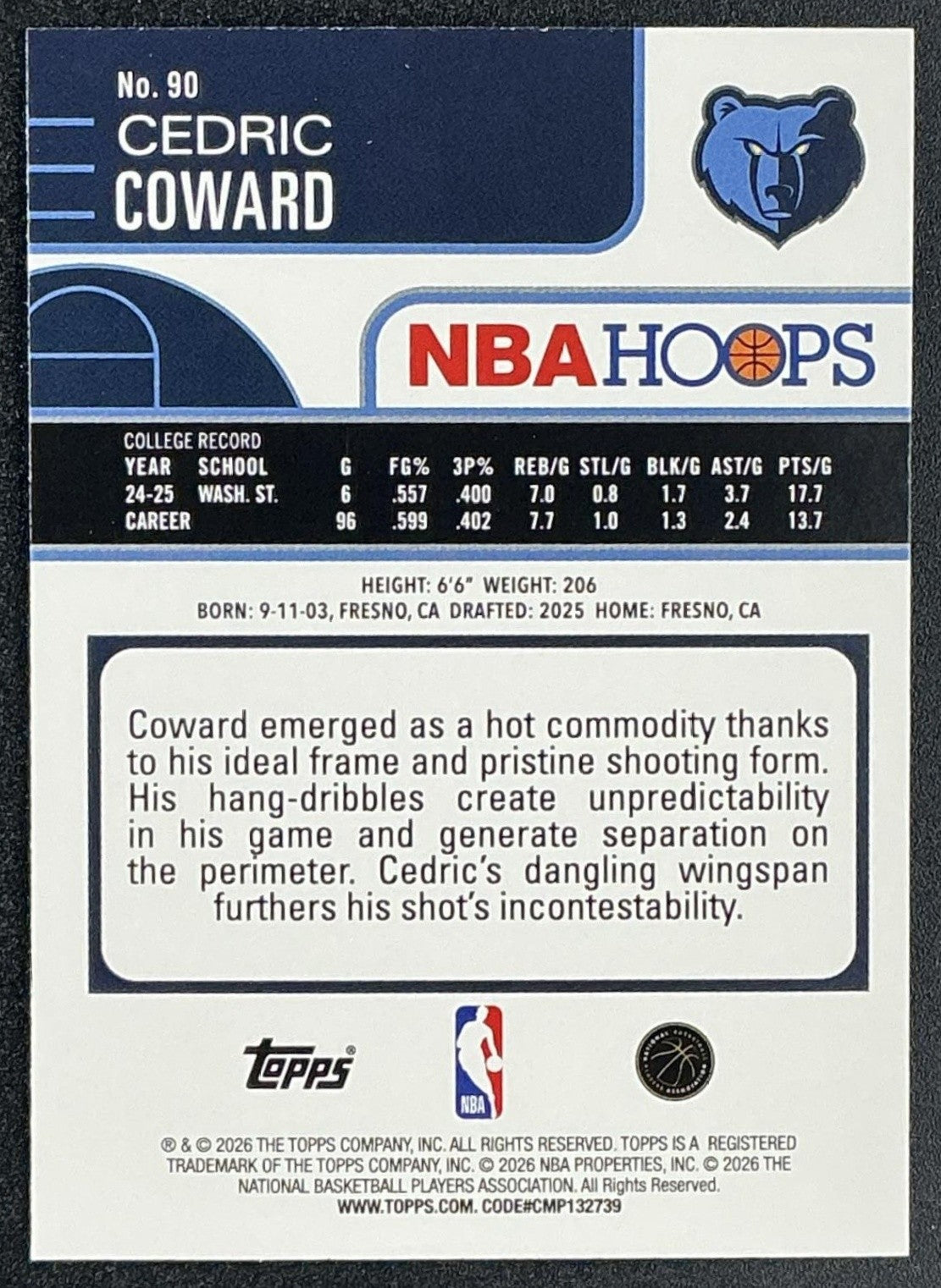 CEDRIC COWARD 2025-26 TOPPS HOOPS #90 RC GRIZZLIES