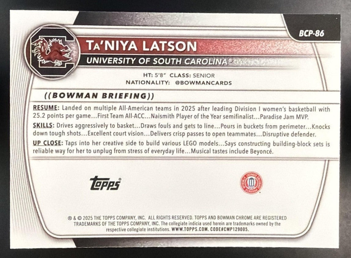 2025 Bowman Ta'Niya Latson #BCP-86 Chrome Reptilian Refractor 1st Prospect