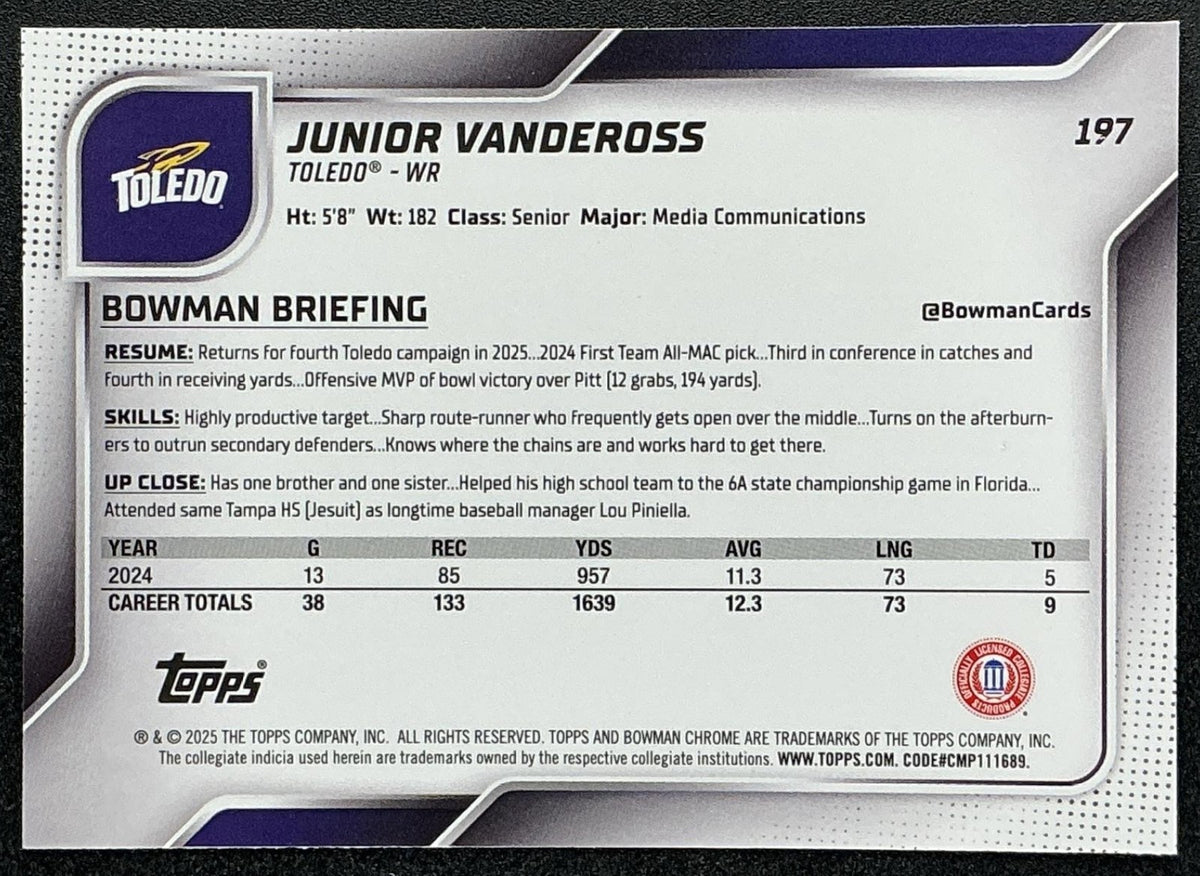 2025 Bowman Chrome University Sapphire Junior Vandeross #197 1st Prospect