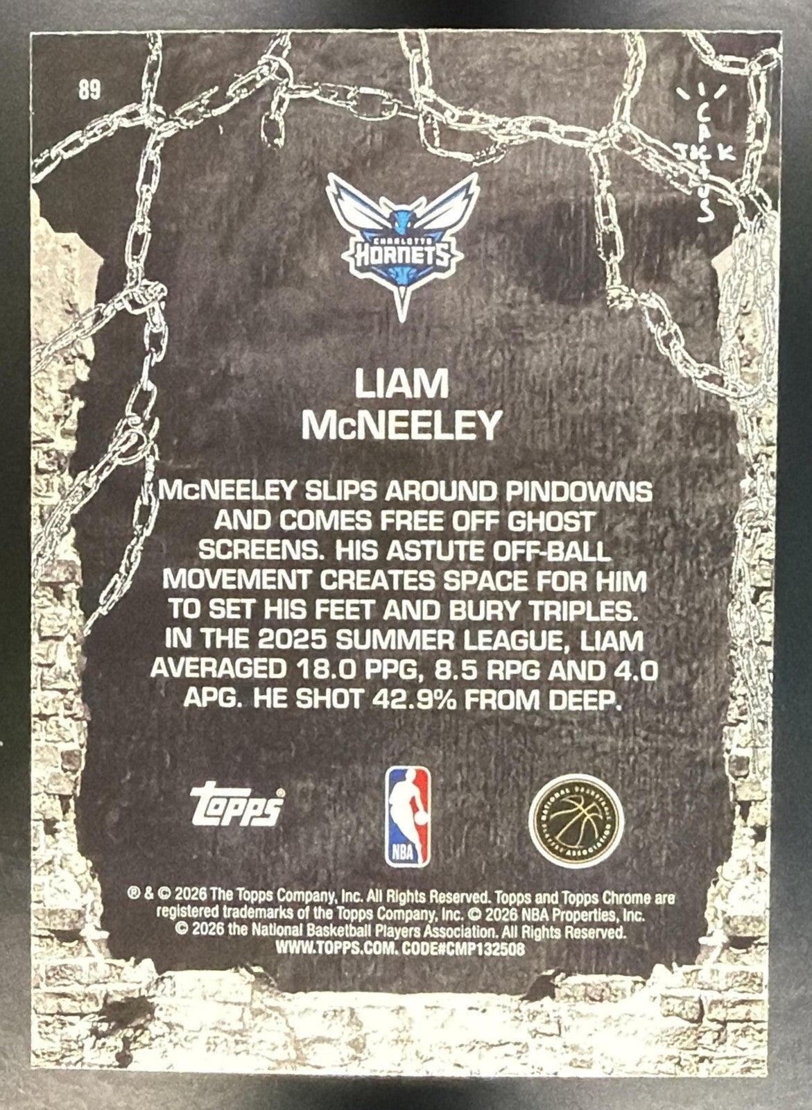 LIAM MCNEELEY 2025-26 TOPPS CHROME X CACTUS JACK #89 RC HORNETS