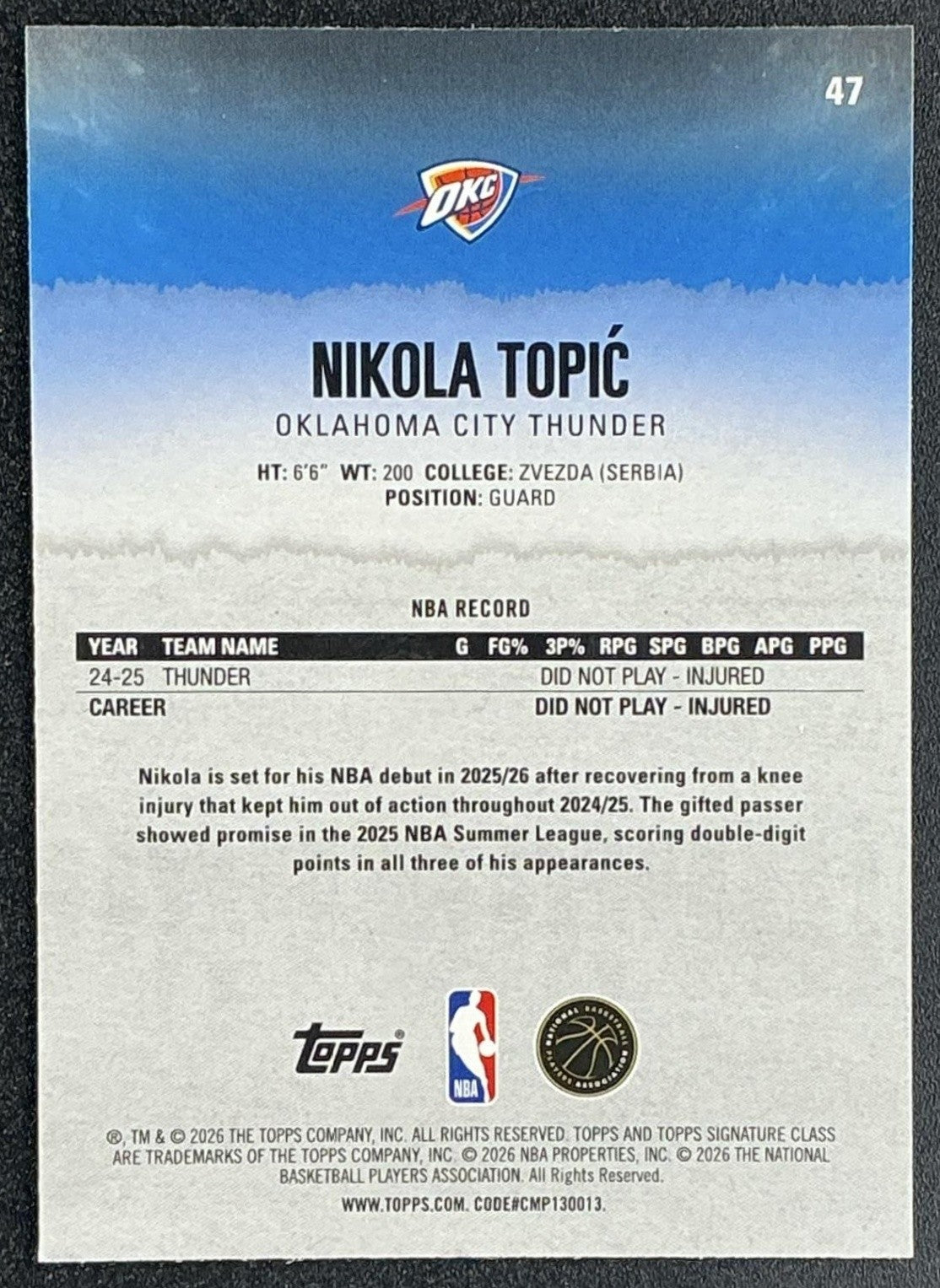 2025 Topps Signature Class Nikola Topic #47 Chrome Veteran Pink Refractor /75