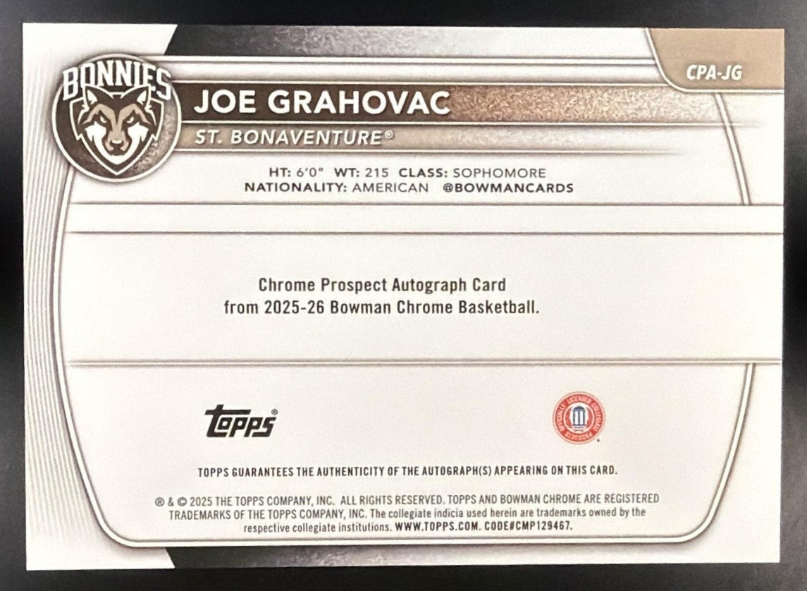 JOE GRAHOVAC 2025-26 BOWMAN #CPA-JG CHROME AUTO 1ST PROSPECT BONNIES