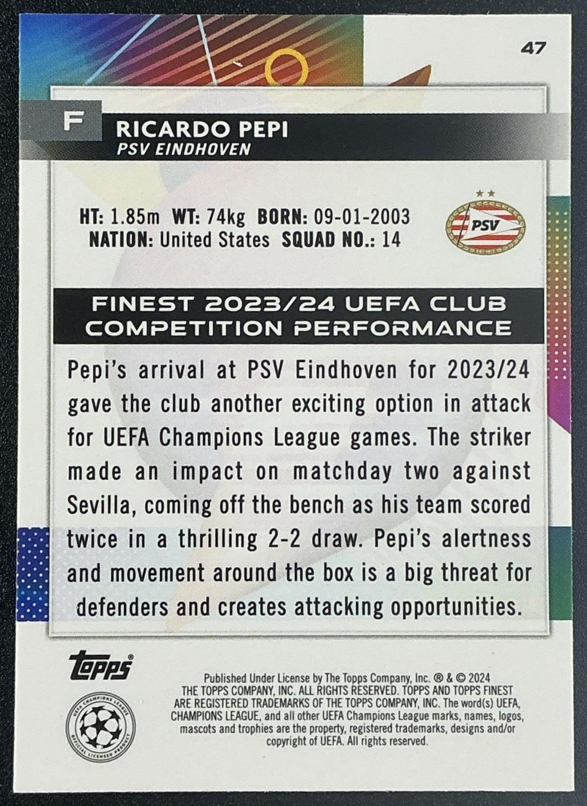 2023 Topps Finest UEFA Club Competitions Ricardo Pepi #47 Green /99