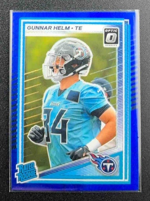 GUNNAR HELM 2025 PANINI DONRUSS OPTIC #294 RATED ROOKIE BLUE HYPER PRIZM TITANS