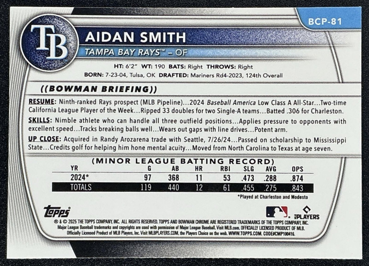 AIDAN SMITH 2025 BOWMAN #BCP-81 CHROME PROSPECTS RAYS