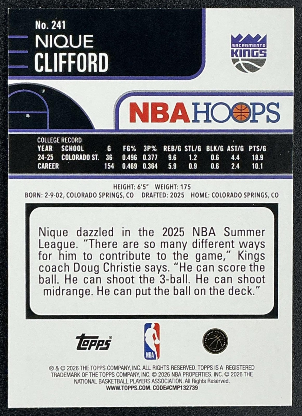NIQUE CLIFFORD 2025-26 TOPPS HOOPS #241 RC KINGS