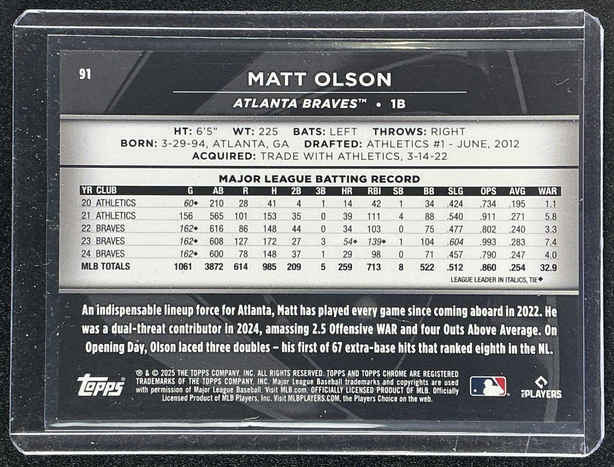 MATT OLSON 2025 TOPPS CHROME BLACK #91 GREEN REFRACTOR 3/99 BRAVES
