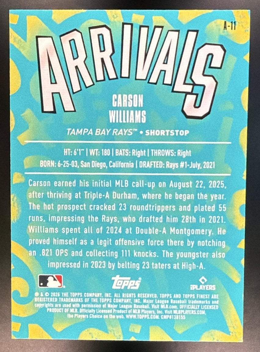 CARSON WILLIAMS 2026 TOPPS FINEST #A-11 ARRIVALS RC RAYS