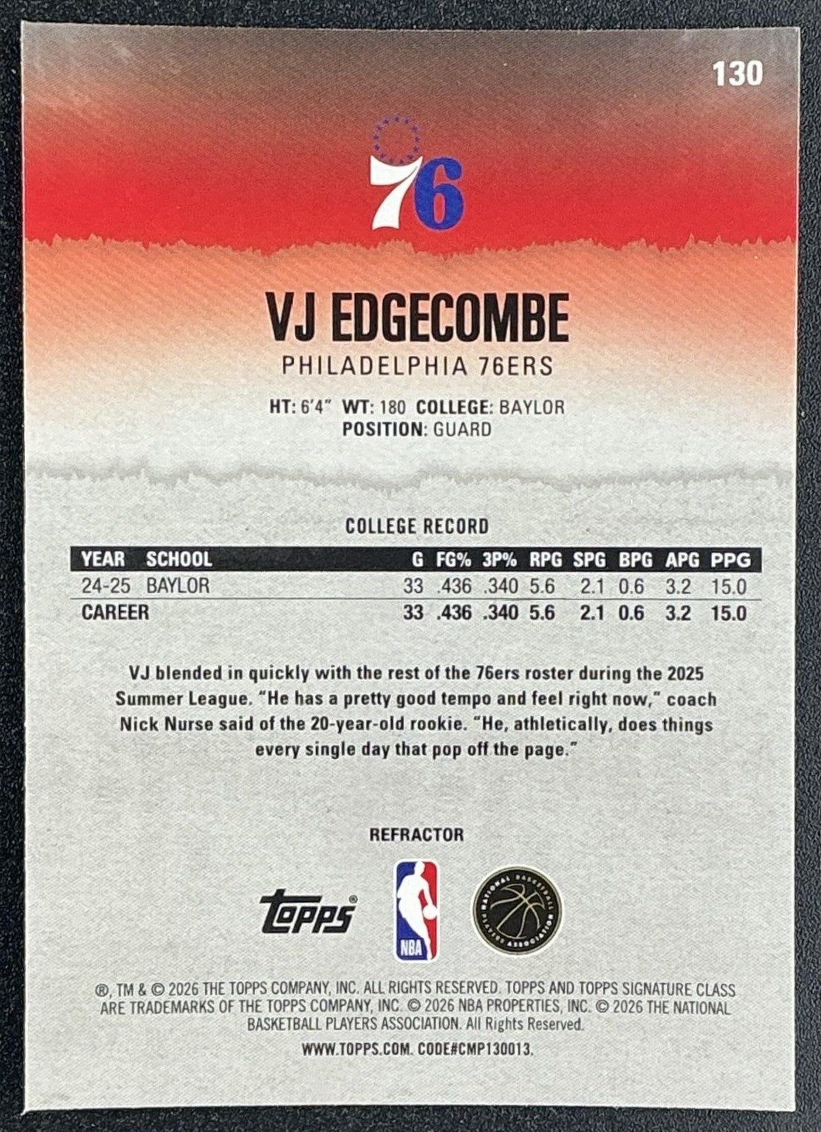 VJ EDGECOMBE 2025-26 TOPPS SIGNATURE CLASS #130 CHROME ROOKIE REFRACTOR RC 76ERS