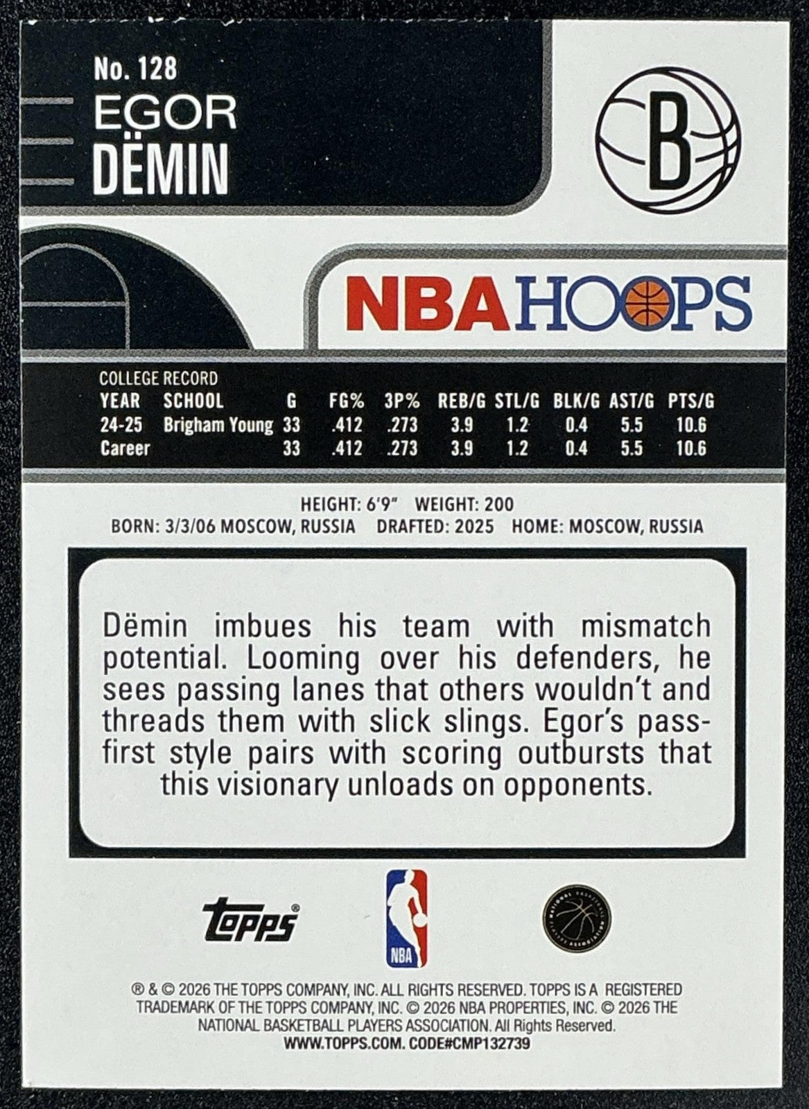 EGOR DEMIN 2025-26 TOPPS HOOPS #128 RC NETS