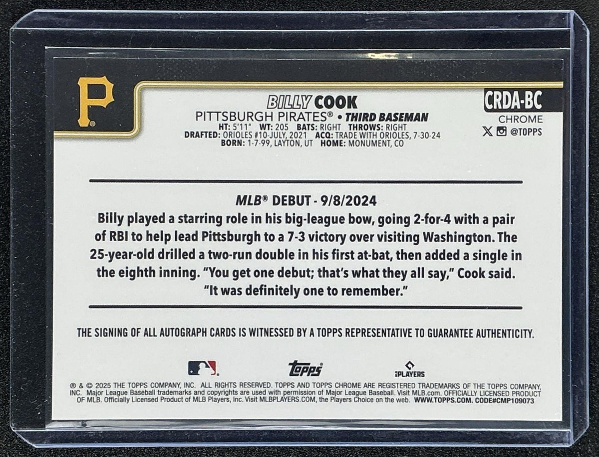 2025 Topps Chrome Update Billy Cook Rookie Debut Auto Purple Refractor /250 RC
