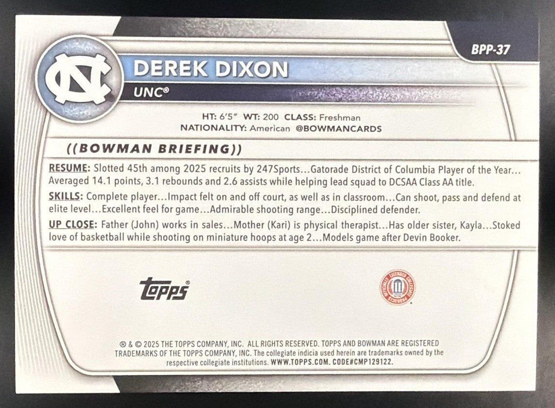 DEREK DIXON 2025-26 BOWMAN #BPP-37 PINK BORDER 68/175 1ST PROSPECT TAR HEELS