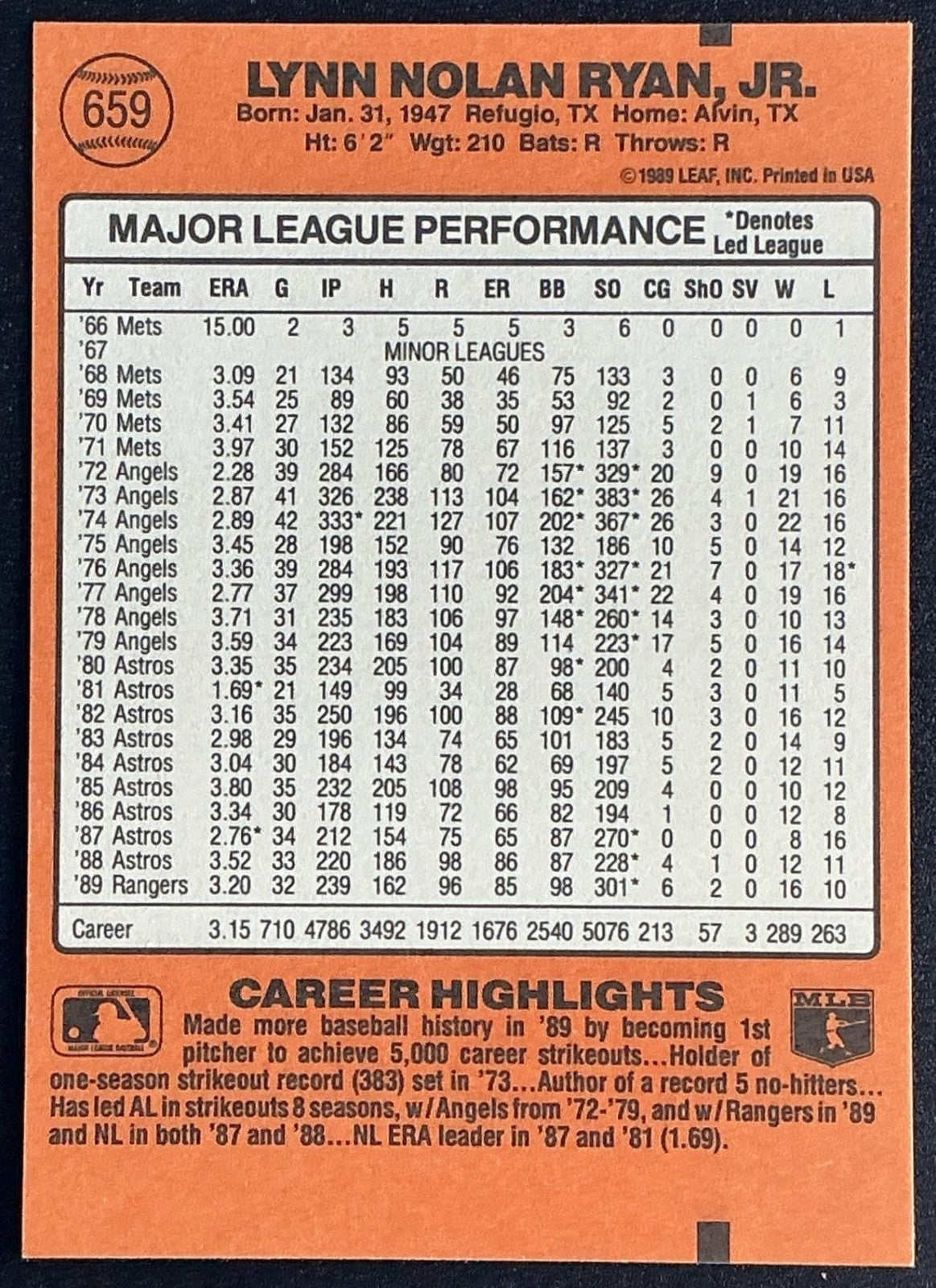 NOLAN RYAN 1990 DONRUSS #665 RANGERS