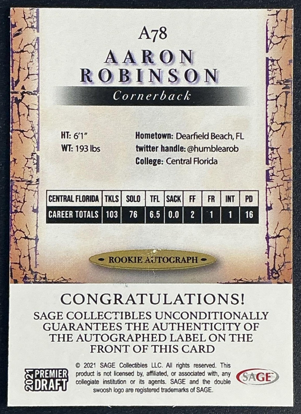 AARON ROBINSON 2021 SAGE PREMIER DRAFT #A78 AUTO RED RC
