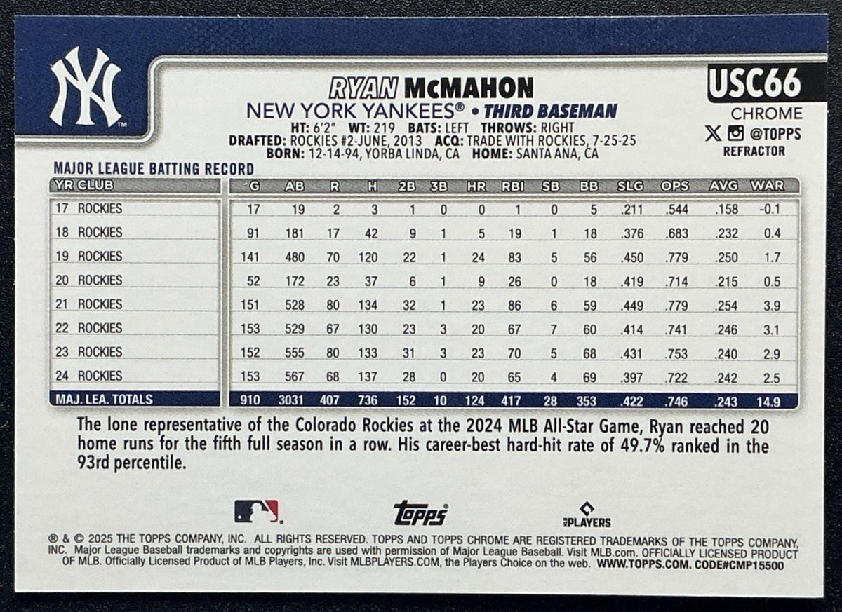 RYAN MCMAHON 2025 TOPPS CHROME UPDATE #USC66 REFRACTOR YANKEES